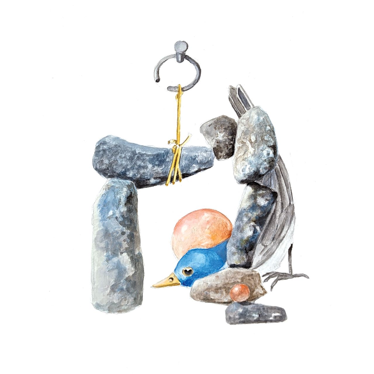 A watercolor painting of an abstract stonehenge-like formation made out of rocks and a bird, all tied up to a nail
