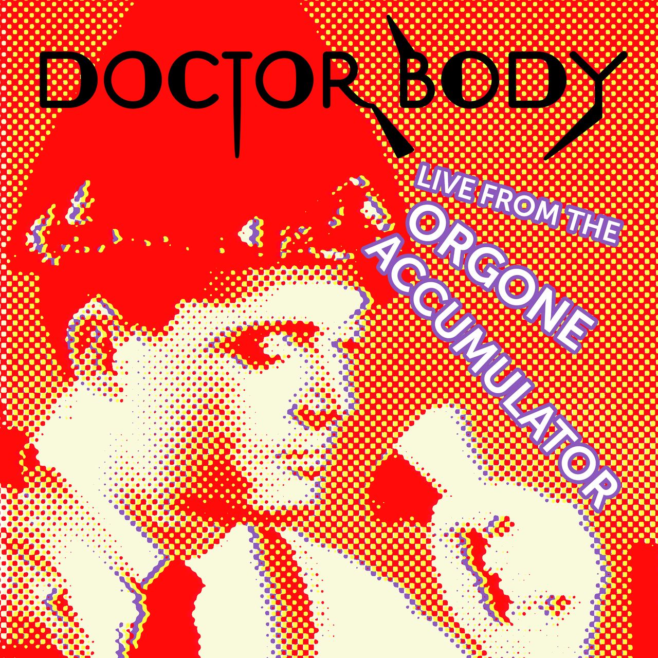 An orange, yellow, and purple pixel-art version of a photo of a man using an orgone accumulator