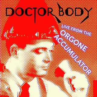 An orange, yellow, and purple pixel-art version of a photo of a man using an orgone accumulator